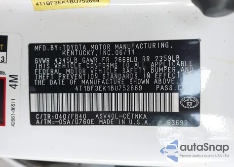 2011 Toyota Camry z USA, uszkodzony, nr VIN 4T1BF3EK1BU752669